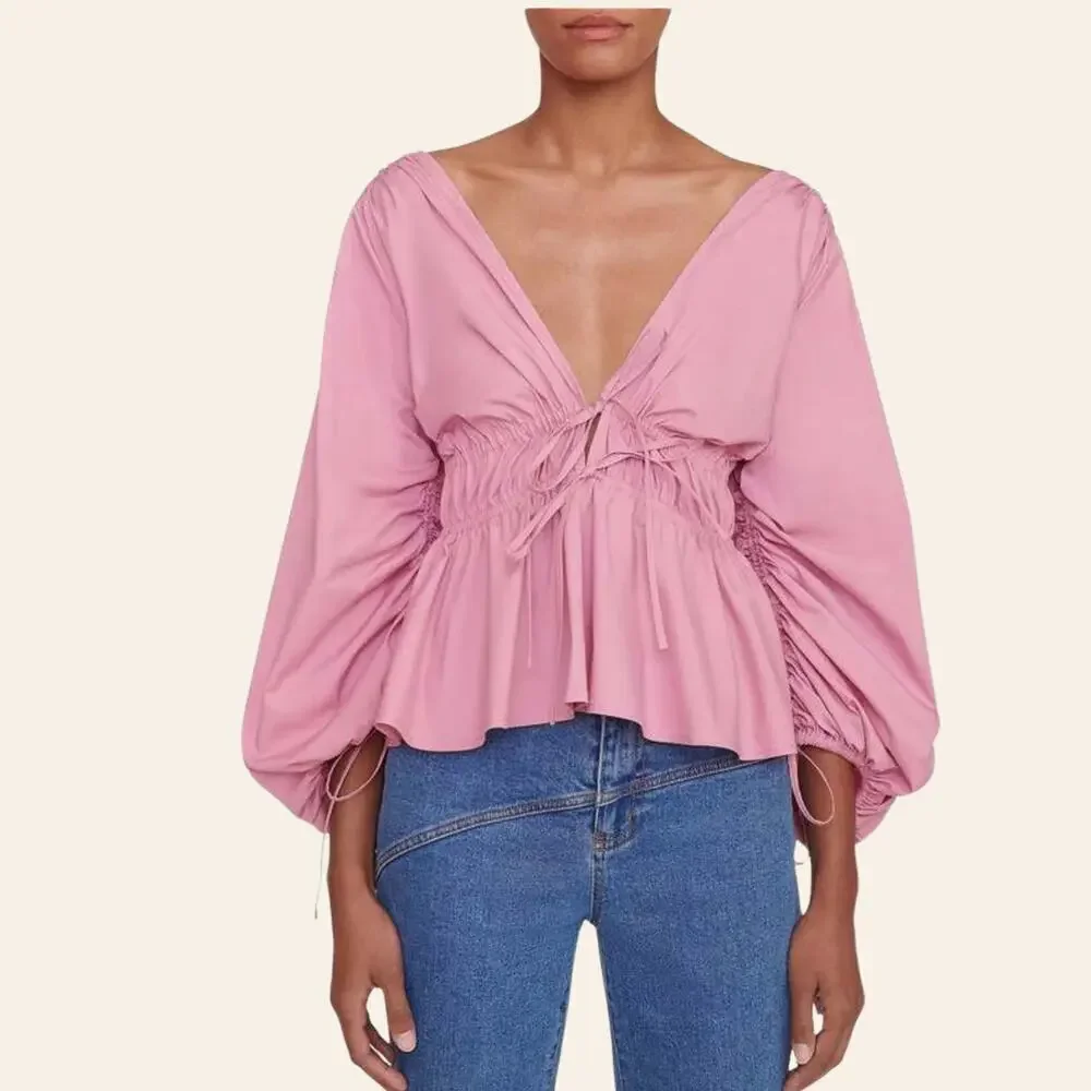 STAUD M Shelby Top Pink | Feminine Peplum, Bows Balloon Puff Cottage Blouse $275